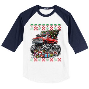 Monster Truck Crushing Christmas Tree Baseball Sleeve Shirt