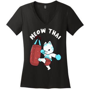 Muay Thai Cat Meow Thai Punching Bag Fighting Sport Women's V-Neck T-Shirt