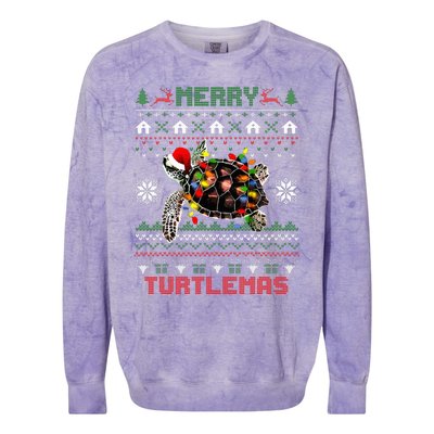 Merry Turtlemas Christmas Lights Cute Turtle Santa Hat Colorblast Crewneck Sweatshirt