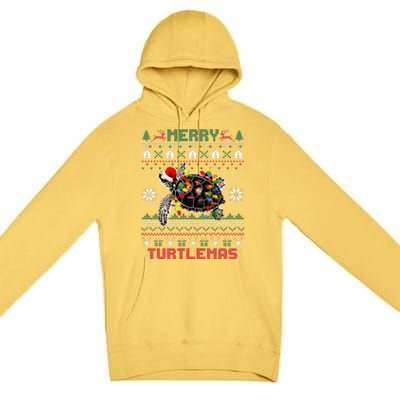 Merry Turtlemas Christmas Lights Cute Turtle Santa Hat Premium Pullover Hoodie