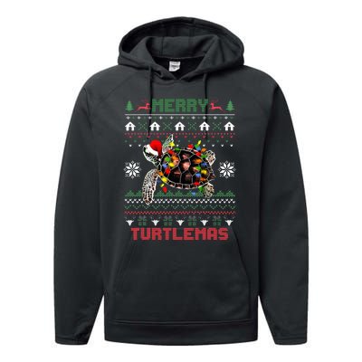 Merry Turtlemas Christmas Lights Cute Turtle Santa Hat Performance Fleece Hoodie