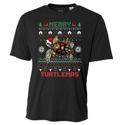 Merry Turtlemas Christmas Lights Cute Turtle Santa Hat Cooling Performance Crew T-Shirt