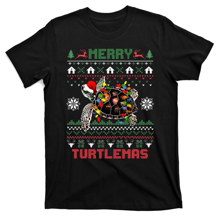 Merry Turtlemas Christmas Lights Cute Turtle Santa Hat T-Shirt