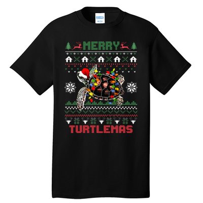 Merry Turtlemas Christmas Lights Cute Turtle Santa Hat Tall T-Shirt