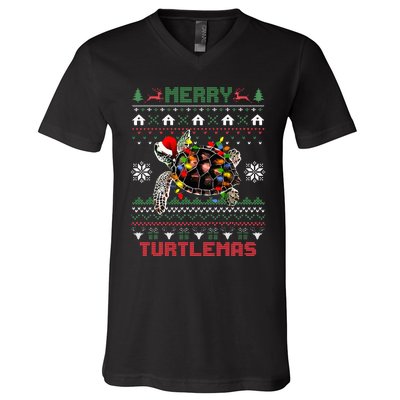 Merry Turtlemas Christmas Lights Cute Turtle Santa Hat V-Neck T-Shirt