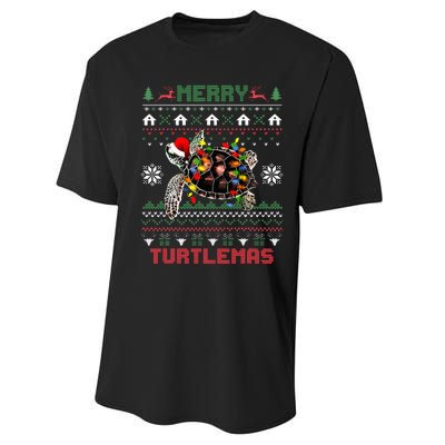 Merry Turtlemas Christmas Lights Cute Turtle Santa Hat Performance Sprint T-Shirt