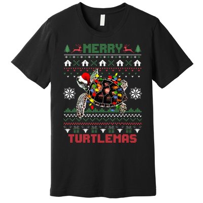 Merry Turtlemas Christmas Lights Cute Turtle Santa Hat Premium T-Shirt