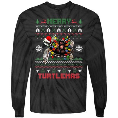 Merry Turtlemas Christmas Lights Cute Turtle Santa Hat Tie-Dye Long Sleeve Shirt