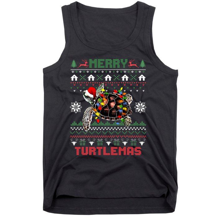 Merry Turtlemas Christmas Lights Cute Turtle Santa Hat Tank Top