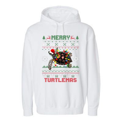 Merry Turtlemas Christmas Lights Cute Turtle Santa Hat Garment-Dyed Fleece Hoodie