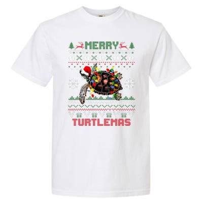 Merry Turtlemas Christmas Lights Cute Turtle Santa Hat Garment-Dyed Heavyweight T-Shirt