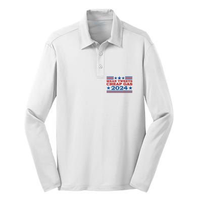 Mean Tweets Cheap Gas 2024 Funny Pro Trump Election Silk Touch Performance Long Sleeve Polo