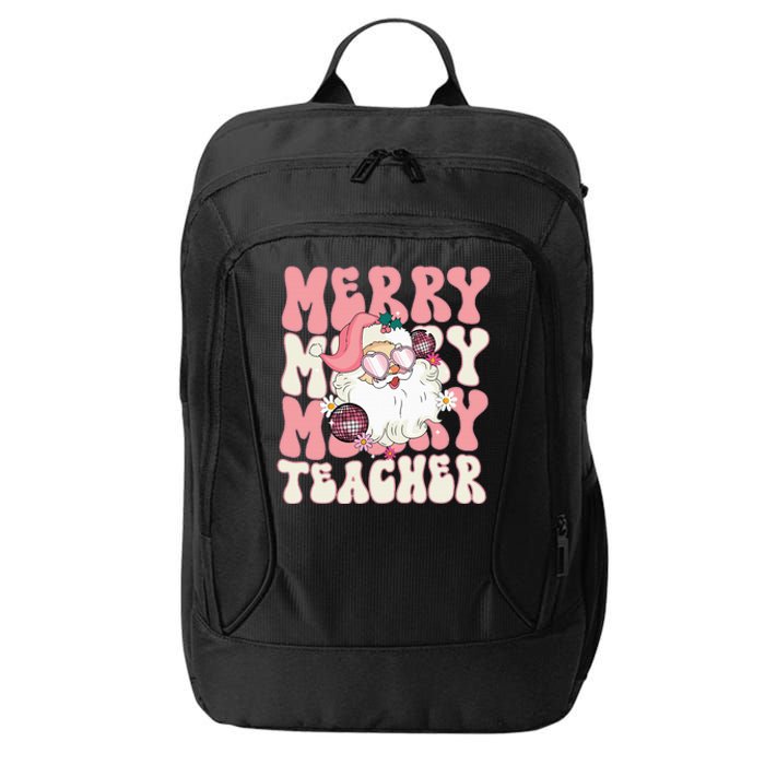 Merry Teacher Christmas Retro Wavy Pink Teacher City Backpack