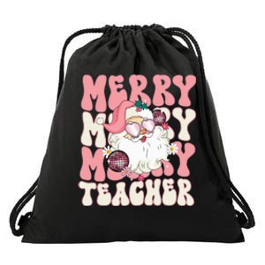 Merry Teacher Christmas Retro Wavy Pink Teacher Drawstring Bag