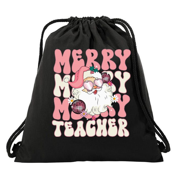 Merry Teacher Christmas Retro Wavy Pink Teacher Drawstring Bag