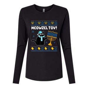 Meowzel Tov Chanukah Jewish Black Cat Hanukkah Ugly Sweater Womens Cotton Relaxed Long Sleeve T-Shirt