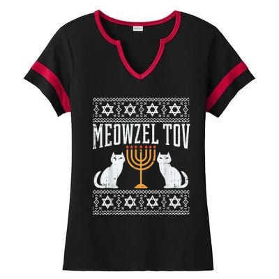 Meowzel Tov Chanukah Jewish Cat Owner Ugly Hanukkah Gift Ladies Halftime Notch Neck Tee