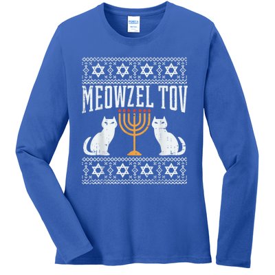 Meowzel Tov Chanukah Jewish Cat Owner Ugly Hanukkah Gift Ladies Long Sleeve Shirt