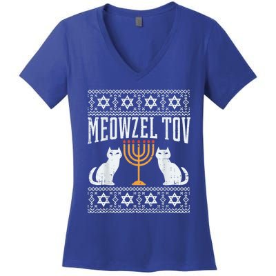 Meowzel Tov Chanukah Jewish Cat Owner Ugly Hanukkah Gift Women's V-Neck T-Shirt