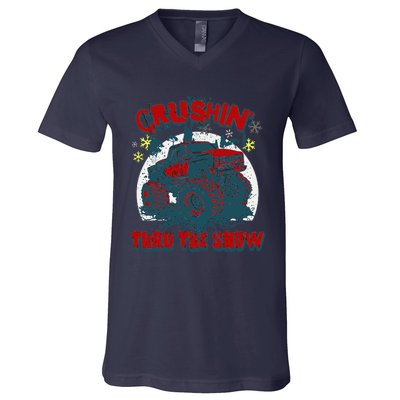 Monster Truck Crushin Thru The Snow Winter V-Neck T-Shirt