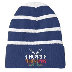 Merry Thanksmas Christmas Thanksgiving Turkey Santa Striped Beanie with Solid Band