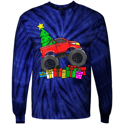 Monster Truck Christmas Tree Tie-Dye Long Sleeve Shirt