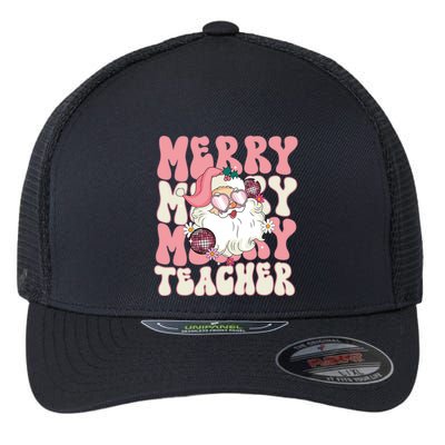 Merry Teacher Christmas Retro Wavy Teacher Flexfit Unipanel Trucker Cap