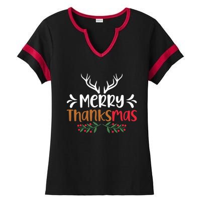 Merry Thanksmas Christmas Thanksgiving Turkey Santa Long Sleeve Ladies Halftime Notch Neck Tee