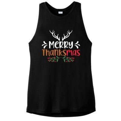 Merry Thanksmas Christmas Thanksgiving Turkey Santa Long Sleeve Ladies PosiCharge Tri-Blend Wicking Tank