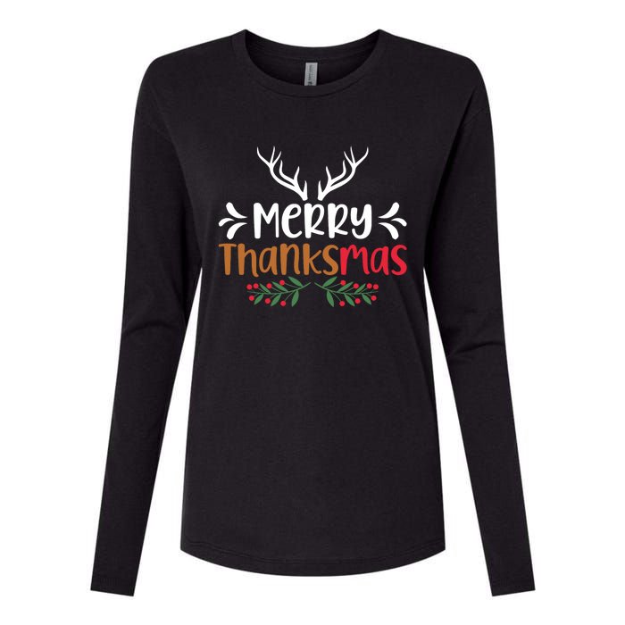 Merry Thanksmas Christmas Thanksgiving Turkey Santa Long Sleeve Womens Cotton Relaxed Long Sleeve T-Shirt