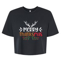 Merry Thanksmas Christmas Thanksgiving Turkey Santa Long Sleeve Bella+Canvas Jersey Crop Tee