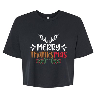 Merry Thanksmas Christmas Thanksgiving Turkey Santa Long Sleeve Bella+Canvas Jersey Crop Tee