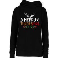 Merry Thanksmas Christmas Thanksgiving Turkey Santa Long Sleeve Womens Funnel Neck Pullover Hood