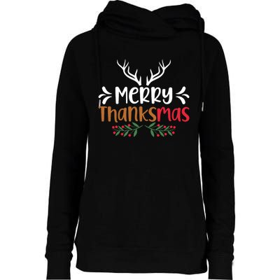 Merry Thanksmas Christmas Thanksgiving Turkey Santa Long Sleeve Womens Funnel Neck Pullover Hood