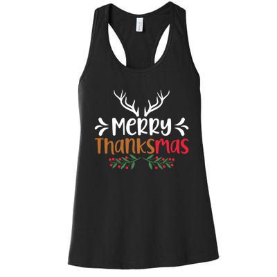 Merry Thanksmas Christmas Thanksgiving Turkey Santa Long Sleeve Women's Racerback Tank