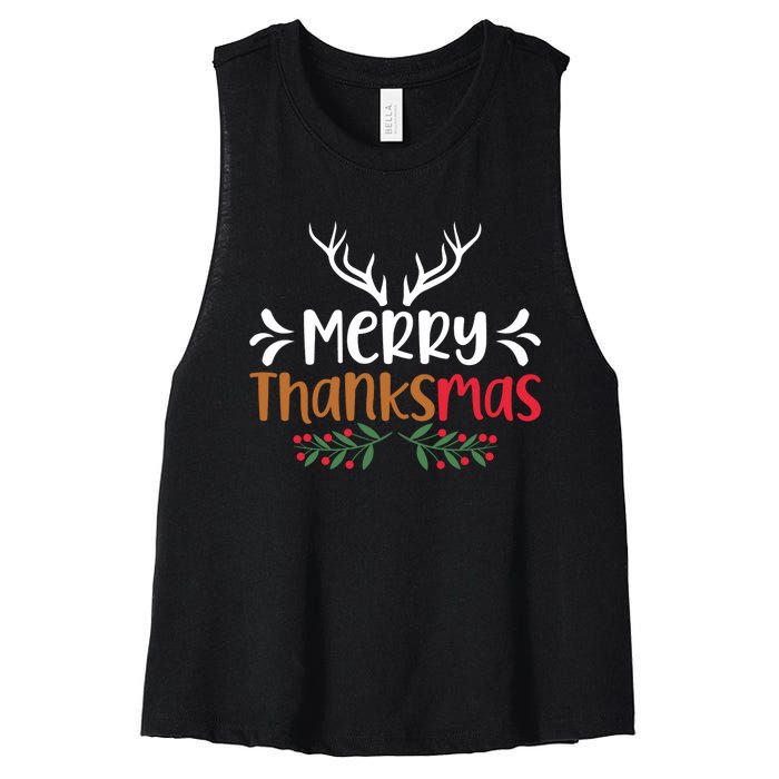 Merry Thanksmas Christmas Thanksgiving Turkey Santa Long Sleeve Women's Racerback Cropped Tank