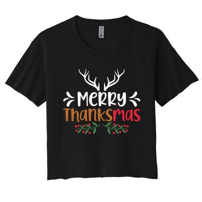 Merry Thanksmas Christmas Thanksgiving Turkey Santa Long Sleeve Women's Crop Top Tee