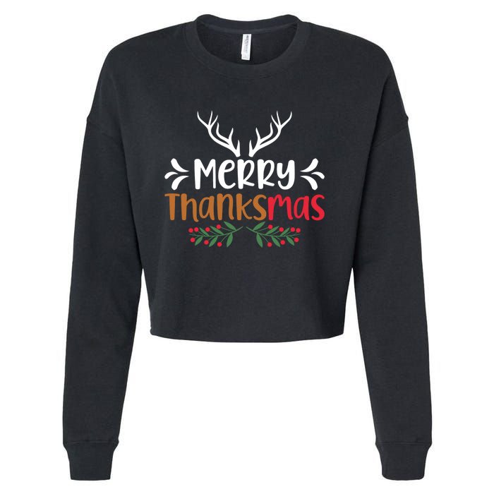 Merry Thanksmas Christmas Thanksgiving Turkey Santa Long Sleeve Cropped Pullover Crew