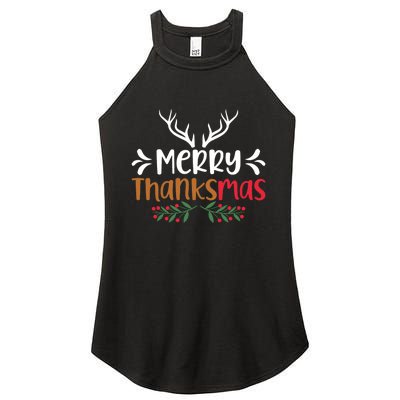 Merry Thanksmas Christmas Thanksgiving Turkey Santa Long Sleeve Women's Perfect Tri Rocker Tank