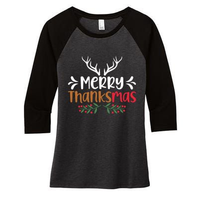 Merry Thanksmas Christmas Thanksgiving Turkey Santa Long Sleeve Women's Tri-Blend 3/4-Sleeve Raglan Shirt