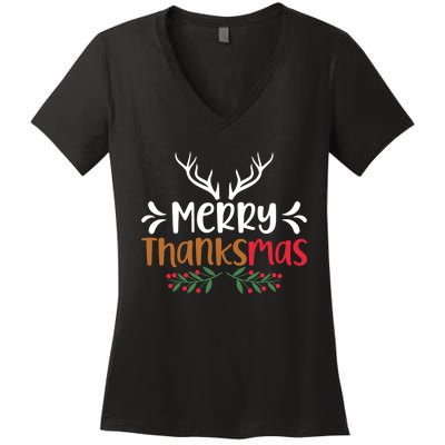 Merry Thanksmas Christmas Thanksgiving Turkey Santa Long Sleeve Women's V-Neck T-Shirt