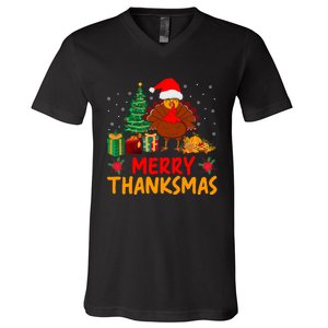 Merry Thanksmas Christmas Thanksgiving Turkey Santa V-Neck T-Shirt