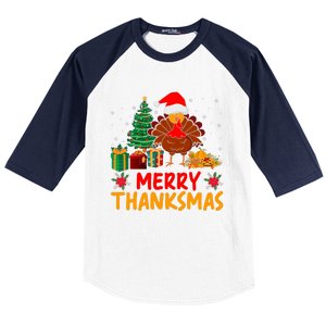 Merry Thanksmas Christmas Thanksgiving Turkey Santa Baseball Sleeve Shirt