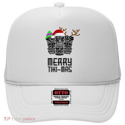 Merry Tikimas Christmas Santa Hat Tiki High Crown Mesh Back Trucker Hat