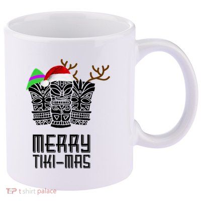 Merry Tikimas Christmas Santa Hat Tiki 11oz C Handle Ceramic Mug