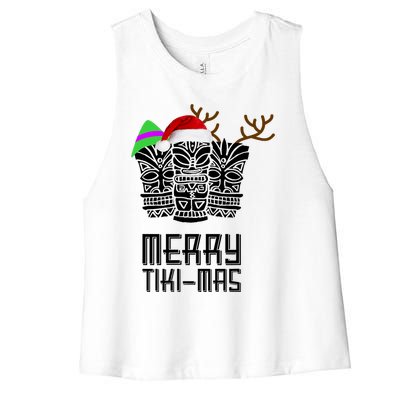 Merry Tikimas Christmas Santa Hat Tiki Women's Racerback Cropped Tank