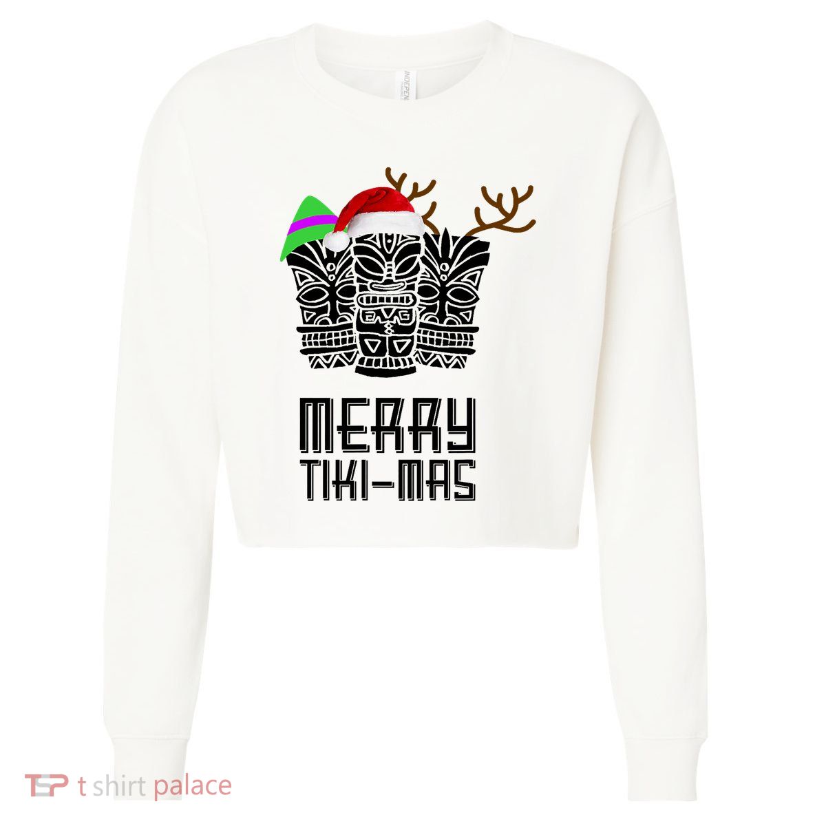 Merry Tikimas Christmas Santa Hat Tiki Cropped Pullover Crew