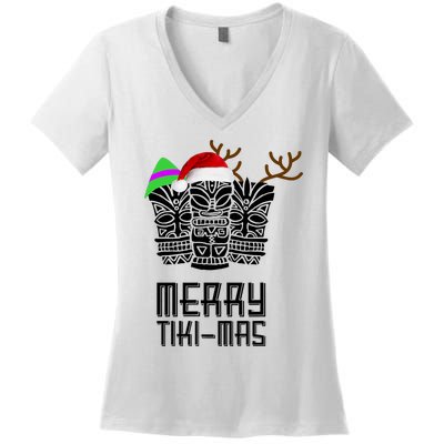 Merry Tikimas Christmas Santa Hat Tiki Women's V-Neck T-Shirt