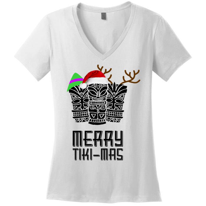 Merry Tikimas Christmas Santa Hat Tiki Women's V-Neck T-Shirt