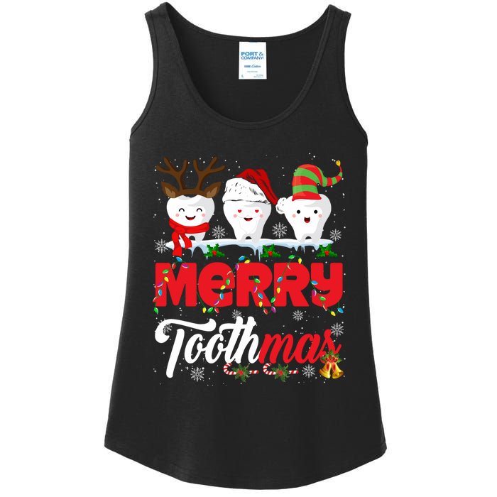 Merry Toothmas Cute Christmas Light Santa Elf Reindeer Teeth Long Sleeve Ladies Essential Tank